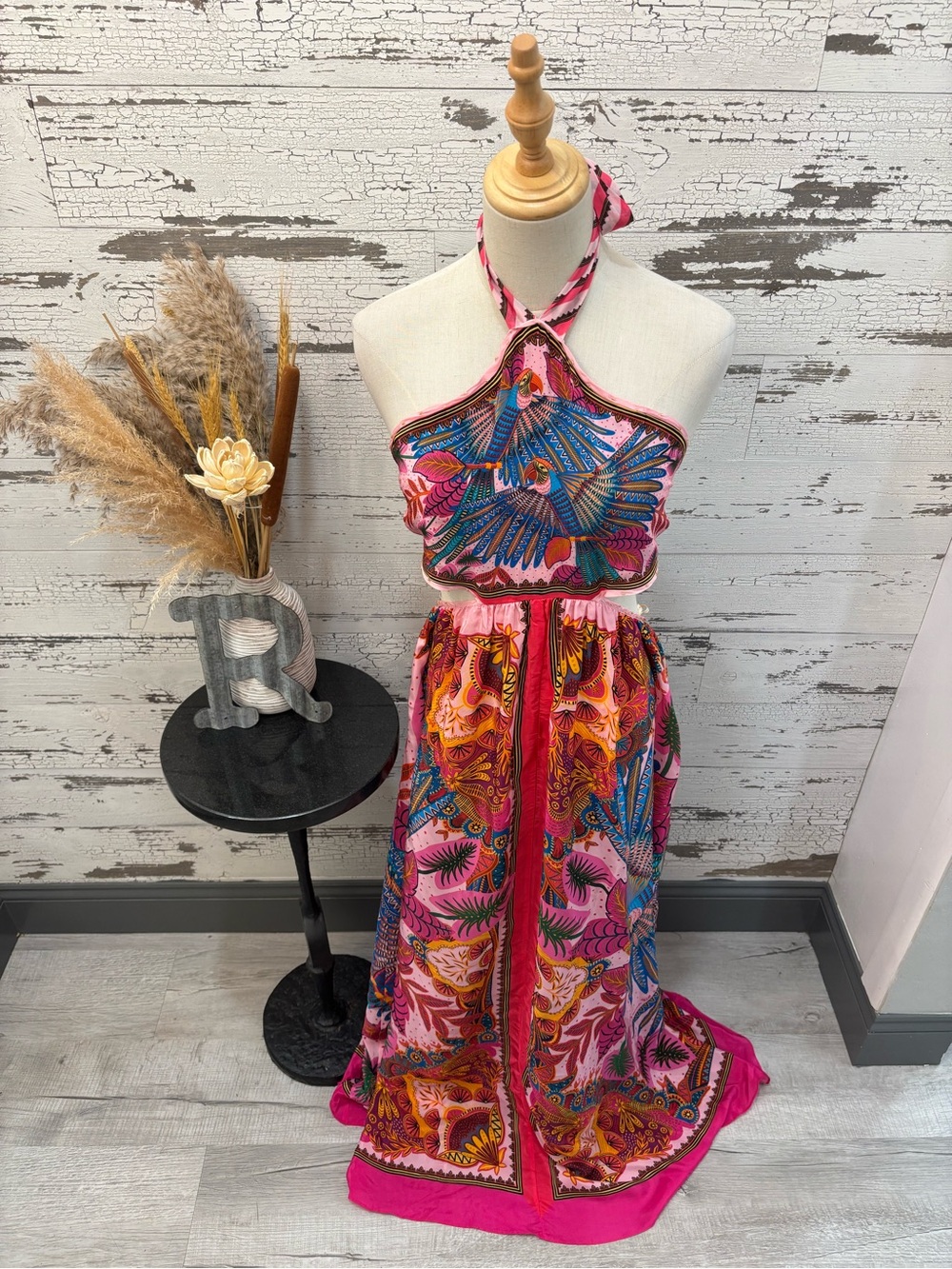 FARM Rio NWT Pink Halter Maxi Dress with Multicolor Tropical Bird Print
